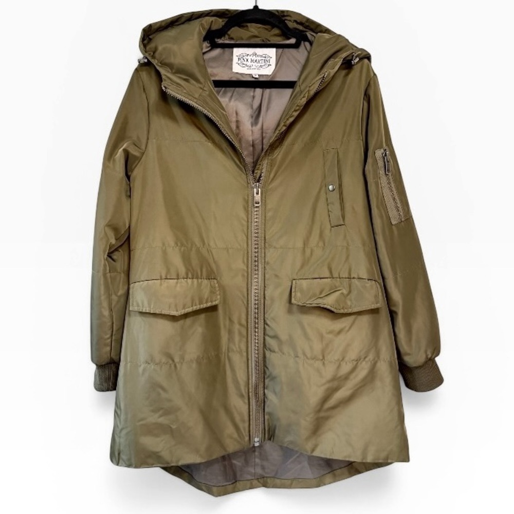 Pink Martini Mid Weight Hooded Front Zip Jacket Olive Green Size Medium